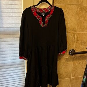 Sailor-Sailor black baby doll dress with red plaid enhanced neckline and cuffs.